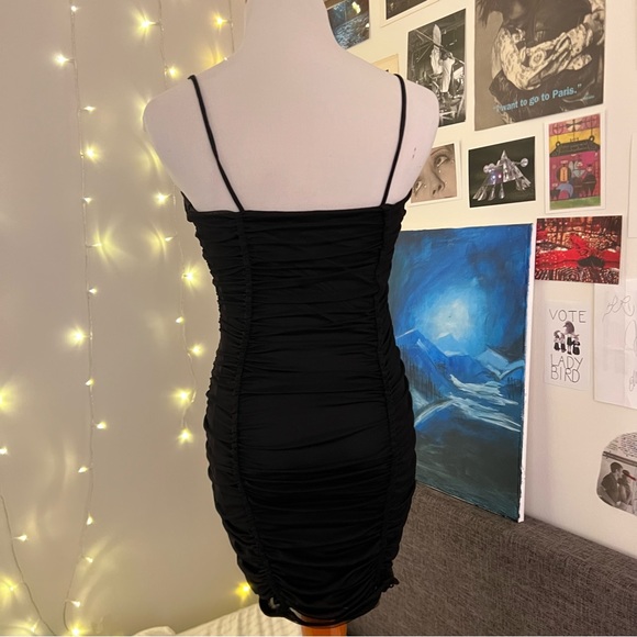 NWT Adorable spaghetti strap black mini dress with black slip and ruched mesh - Picture 4 of 6